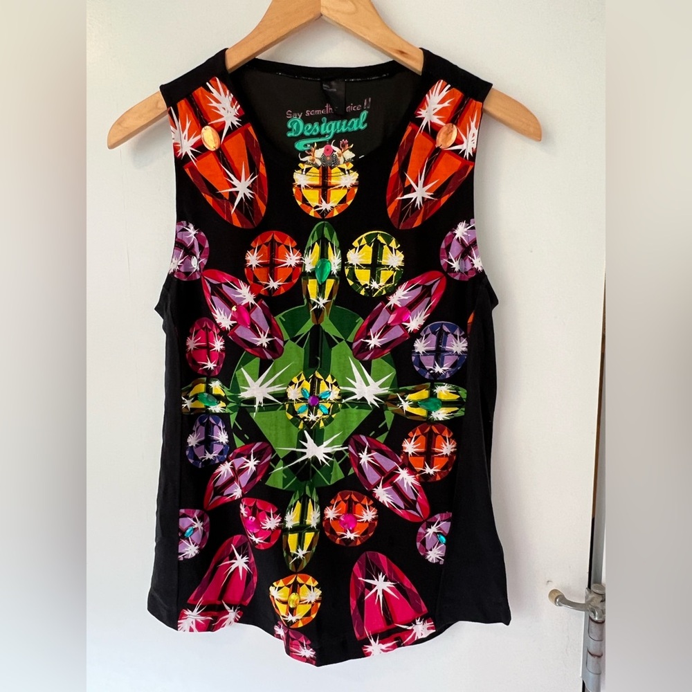Desigual Black Tee with Colorful Gems Appliqué